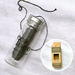 Un contenant en vitre transparent indiquant le logo de Eco Loco contenant une bobine de fil soie dentaire noire et une petite image de la boite de carton du produit avec les mentions Fil dentaire Dental floss compostable Vegan