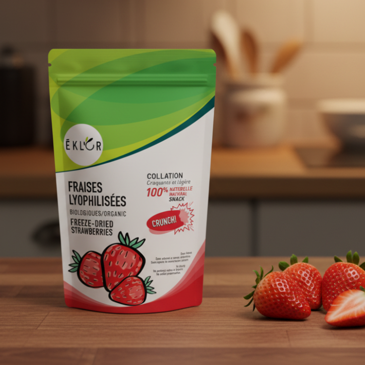 Sac de fraises lyophilisée provenant des invendus, de la marque québecois Eklor sur un comptoir en bois avec des fraises et un arrière plan de cuisine. 