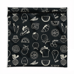 Sacs extra-larges lavables style ziplock avec des motifs de fruits et de légumes sur un fond noir.  Sac réutilisable pour la congélation. Fermeture éclair noire