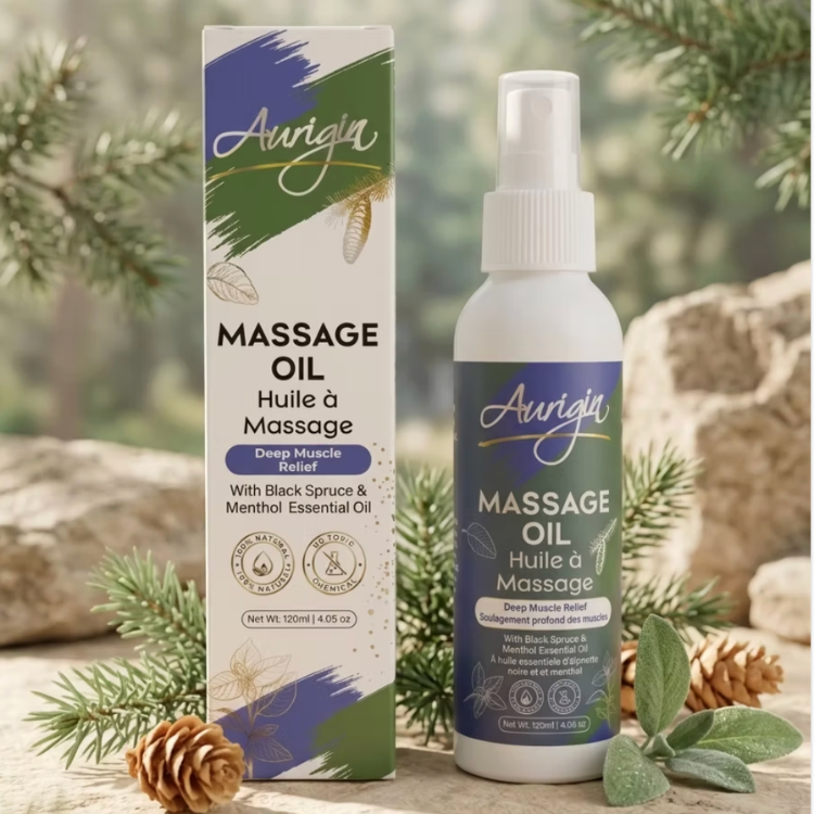Huile à massage musculaire dans un contenant vaporisateur et sa boite blanche indiquant la marque Aurigin avec de l'épinette, de la menthe et des cocottes. 