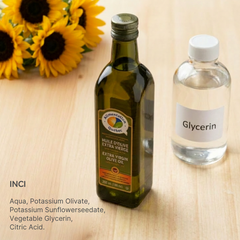 Les principaux ingrédients du savon de castille représenté par une bouteille d'huile d'olive et de glycérine naturelle. 