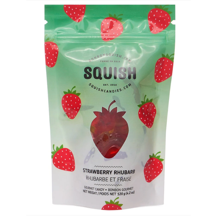 Sac de bonbon vegan à la saveur de fraise et rhubarbe de  la marque Squish sur un Un fond blanc. Vendu par Eco Loco,  Le sac est orangé
