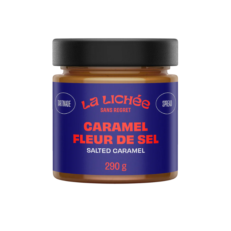 Pot de caramel fleur de sel de la marque La lichée de 290 grammes avec une étiquette mauve. 