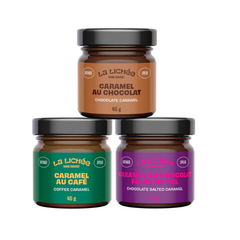Trio de caramel de la marque la lichée comprenant le caramel au chocolat, le caramel au café et le caramel fleur de sel sur un fond blanc. 