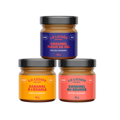 Trio de caramel de la marque québécoise la lichée de 45 grammes comprenant le caramel fleur de sel, le caramel à l'érable et le caramel au beurre. 