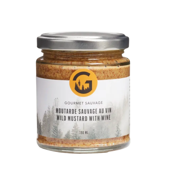 Pot de moutarde sauvage au vin de la marque Gourmet sauvage  avec un arrière plan blanc vendu par Eco Loco 