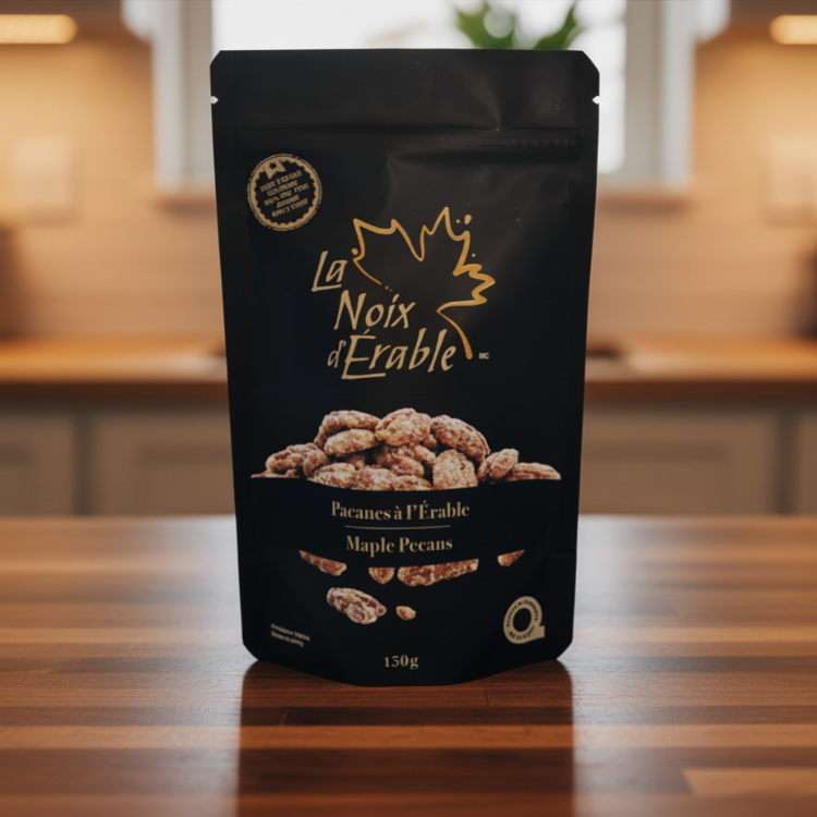 Un sac noir de pacanes à l'érable de la compagnie La noix d'érable est déposé sur un comptoir en bois dans une cuisine chaleureuse. 