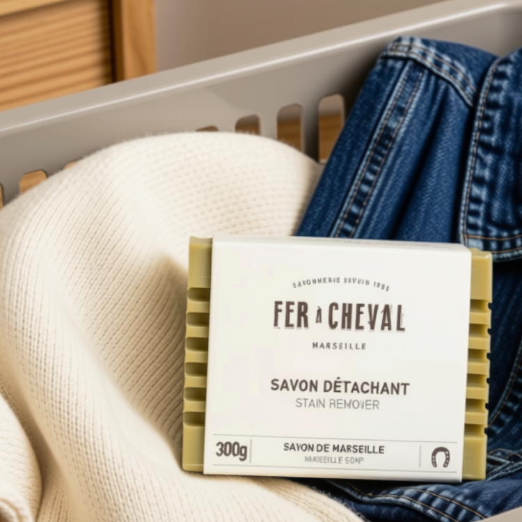 Un savon vert avec des stries et une étiquettes ou l'on peut lire:  Fer a cheval, Marseille, Savon détachant, stain remover, savon de marseille 300 déposé dans un panier de vêtement dans lequel il y a un tricot blanc et un jean. 