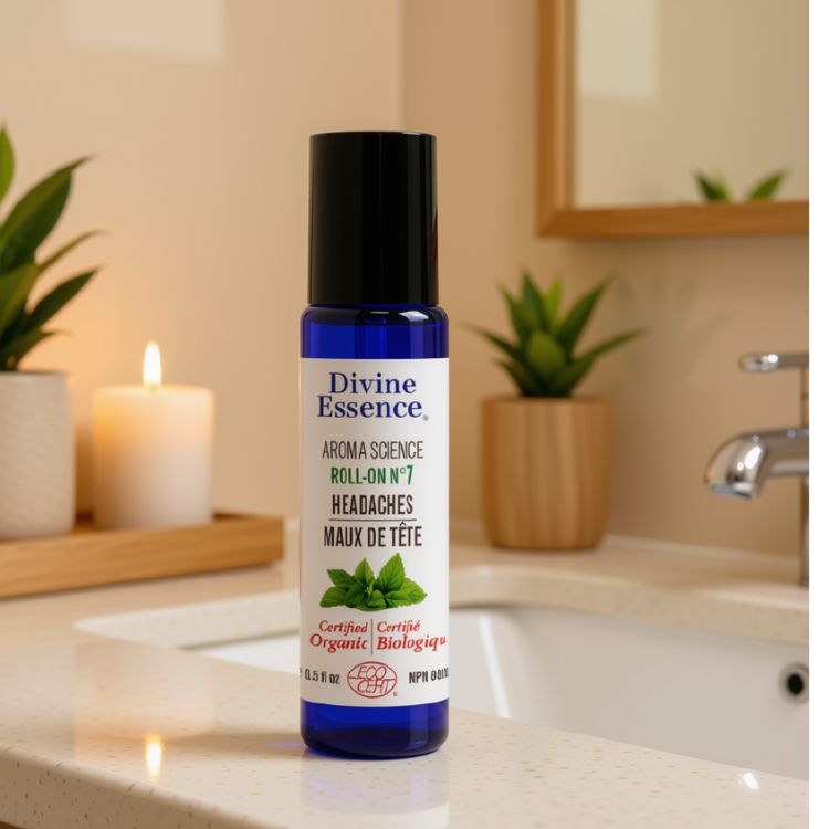 Bouteille bleu au capuchon noir de la marque Divine essence pour le soins Maux de tête certifié biologique par Eco Cert déposé sur un comptoir de salle de bain avec une chandelle et un plante en arrière plan. 