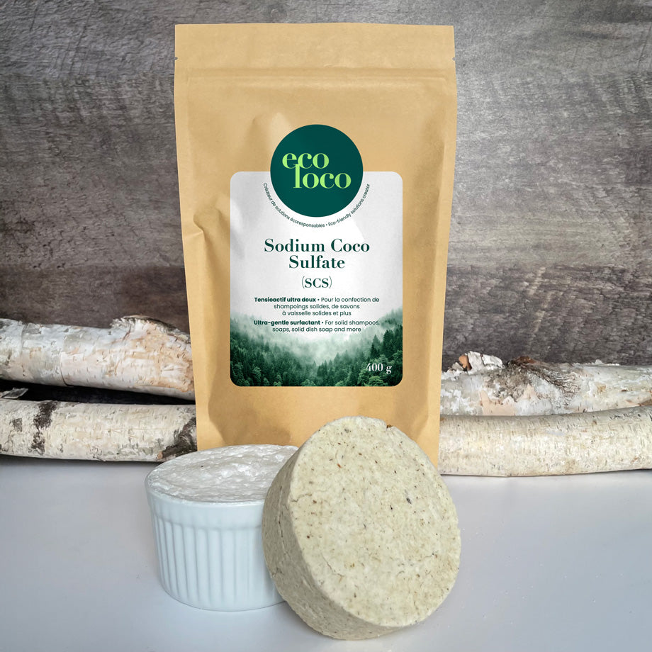 Pochette en papier kraft Eco Loco de Sodium Coco Sulfate SCS sur un fond de mur de bois avec deux branches de bouleaux et deux cake vaisselle dans un pot de céramique blanc