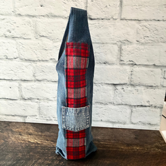 Sac pour bouteille de vin en jeans recyclé et tissu rouge