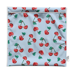 Sac de congélation extra-large réutilisable en tissu imperméable avec des cerises sur un fond bleu. 