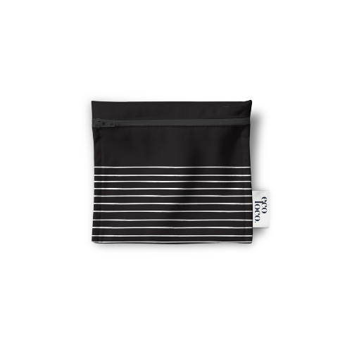 Petit sac à lunch réutilisable ligné blanc et noir sur un fond blanc avec une étiquette Eco Loco