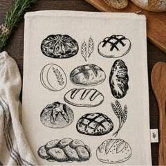 Un sac de couleur naturel avec des dessins de différents types de miche entouré d'un linge à vaisselle, du romarin, une planche en bois, du pain et une cuillère en bois. 