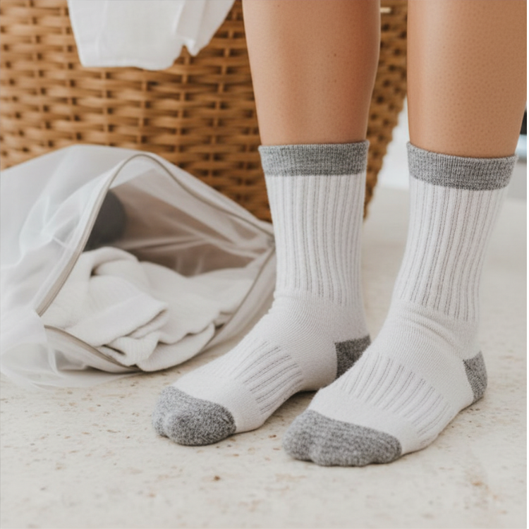Deux pieds portant des bas permettant de croire que de laver ses chaussettes dans un sac de lavage en plastique recyclé permet de ne pas les perdre.  On vois un panier d'osier en arrière plan. 