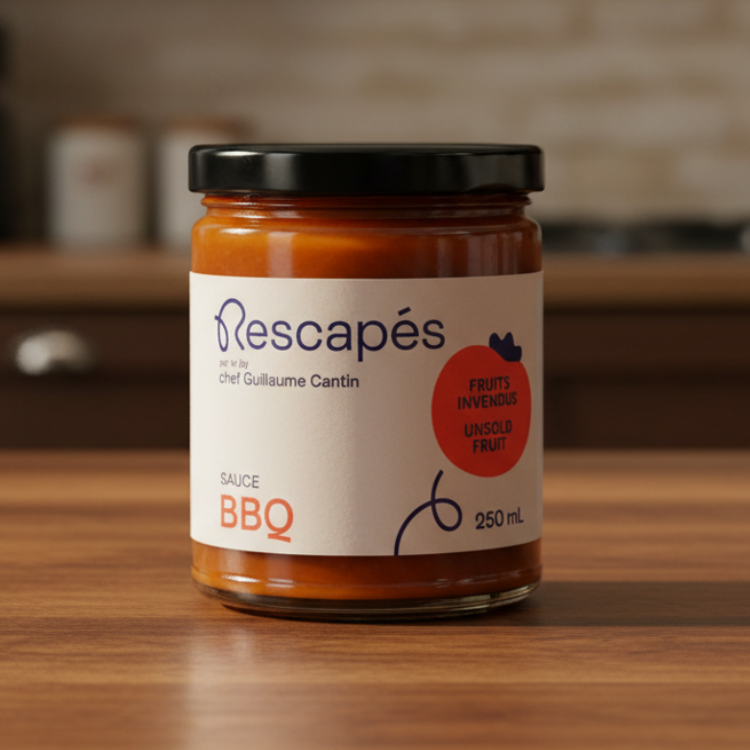 Pot de sauce Bbq fait à partir des invendus de l'épicerie déposé sur un comptoir en bois dans une cuisine en arrière plan.