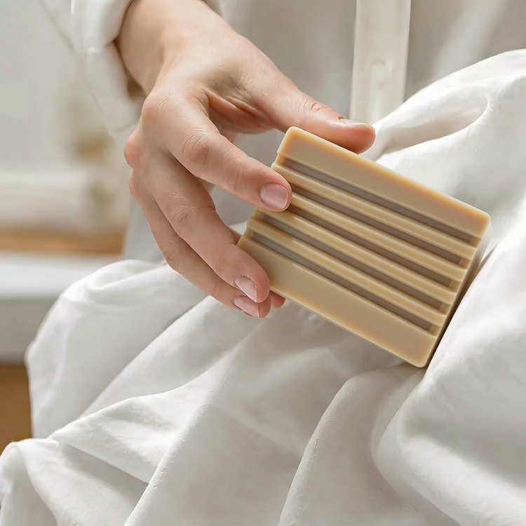 Un savon beige détachant avec des lignes creuse tenu dans une mains de femme au-dessus d'un tissu blanc. 