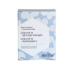 Boite bleu avec des fleurs pour un savon au géranium et à la menthe poivrée de Mélia, Miels d'anicet. 