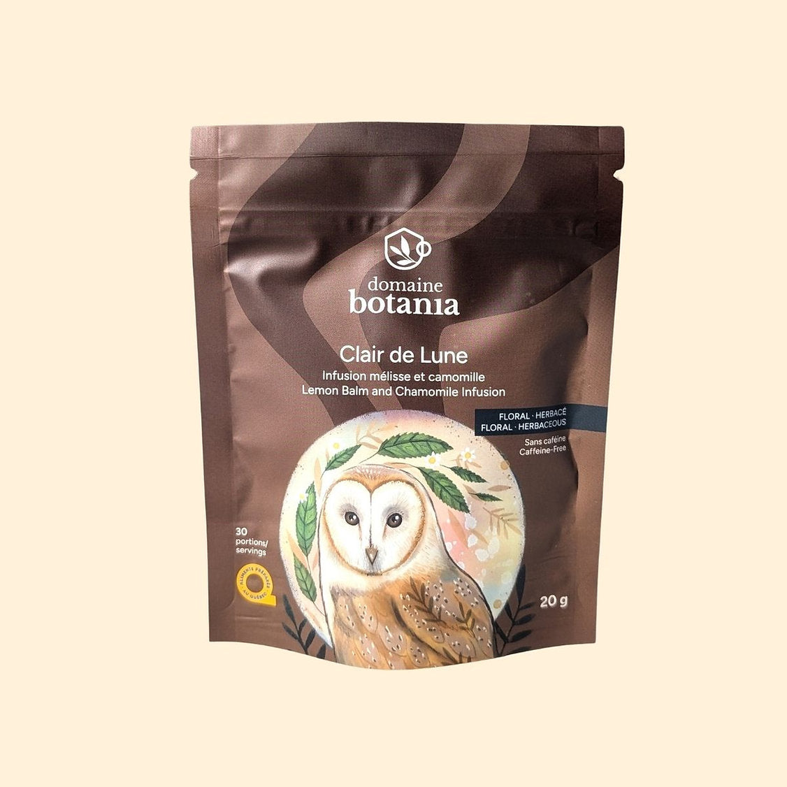 Pochette brune domaine botania Clair de lune infusion mélisse et camomille avec un dessin de harfang des neige sur un fond beige jaune