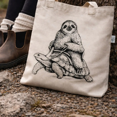 Une sac de couleur naturel avec une ganse ayant comme motif un paresseux sur le dos d'une tortue.  A sa gauche on voit une paire de bottes brunes et en arrière un tron d'arbre.  