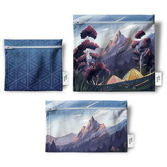 Trois sacs multiusage et à lunch  avec des fermetures Eclair agencé avec des motifs montange sur un fond blanc et une étiquette Eco Loco. 
