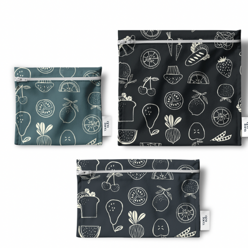 3 sacs réutilisables à lunch ou multiusage en tissu avec des motifs de fruits et légume, noir et gris sur un fond blanc et une étiquette Eco Loco