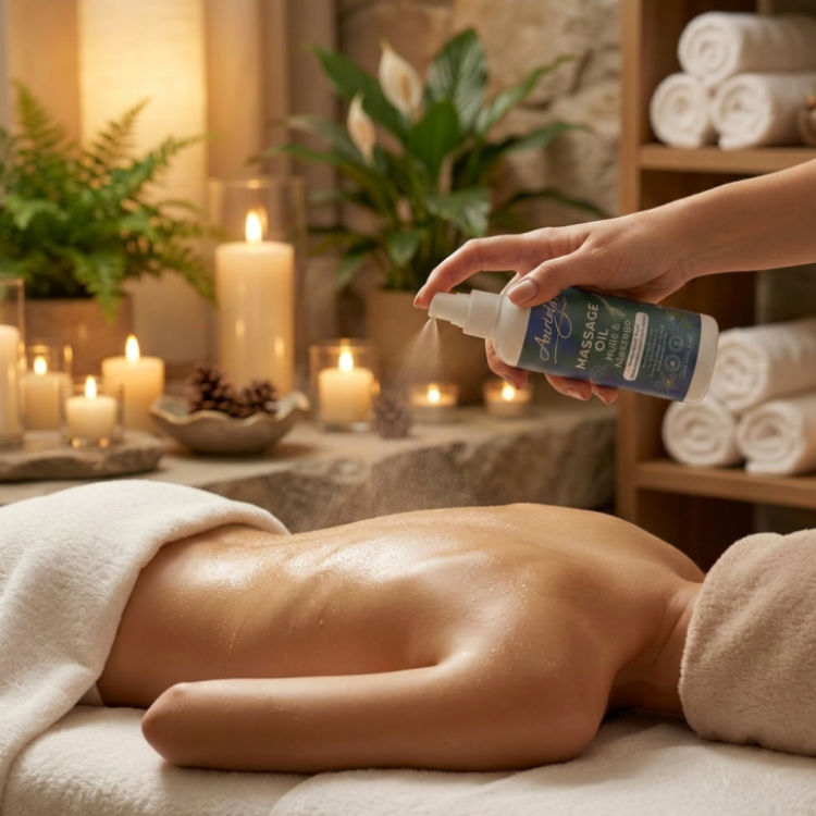 Vaporisation d'une huile à massage par une main féinine sur un dos de femme dans un ambiance chaleureux. 