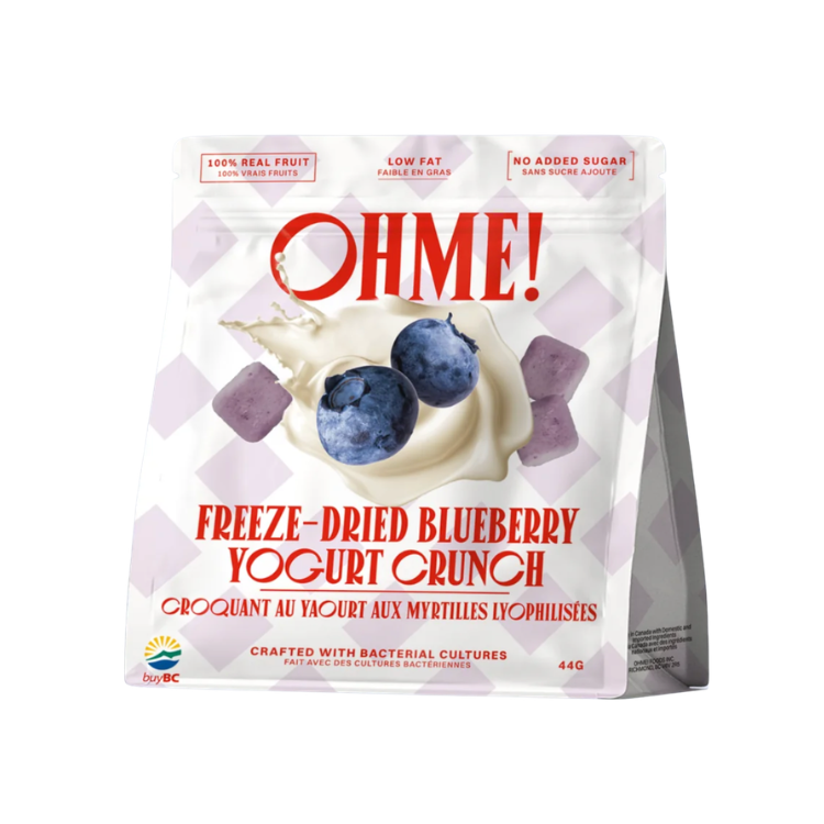 Sac de croquant au yogourt au bleuet lyophilisé de la marque OHME! sur un fond blanc. 