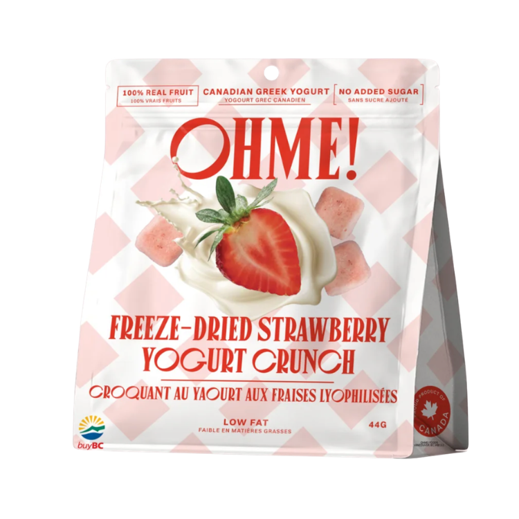 Sac de croquant au yogourt au fraise lyophilisé de la marque OHME! sur un fond blanc. 