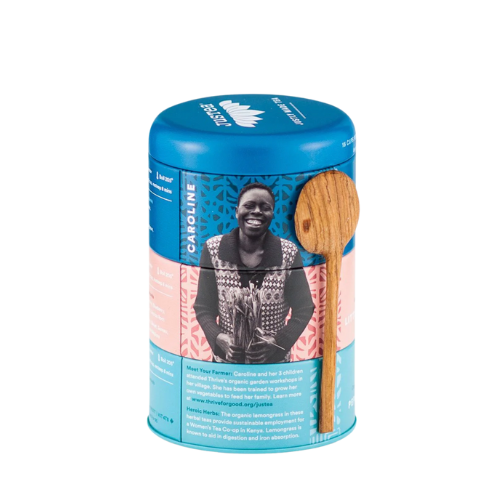 Endos du cofret cadeau de tisane avec une cuillère en bois