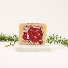 Barre de shampoing mme tignasse sur un fond minimaliste compsé td'un porte savon et de feuilles. 